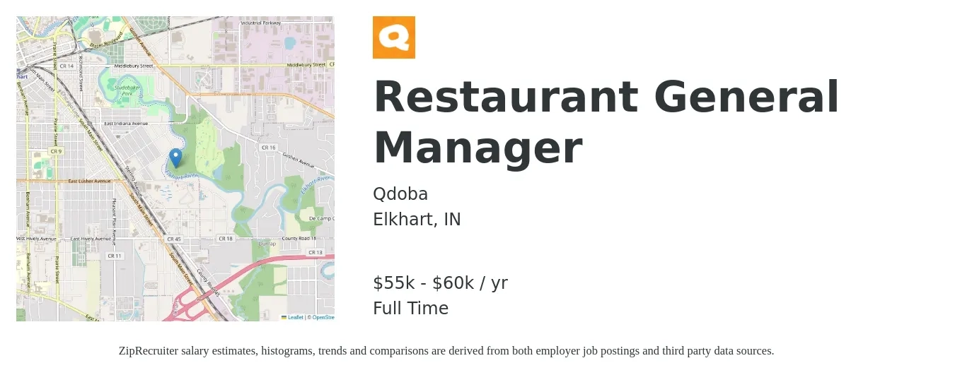 Qdoba job posting for a Restaurant General Manager in Elkhart, IN with a salary of $55,000 to $60,000 Yearly with a map of Elkhart location.