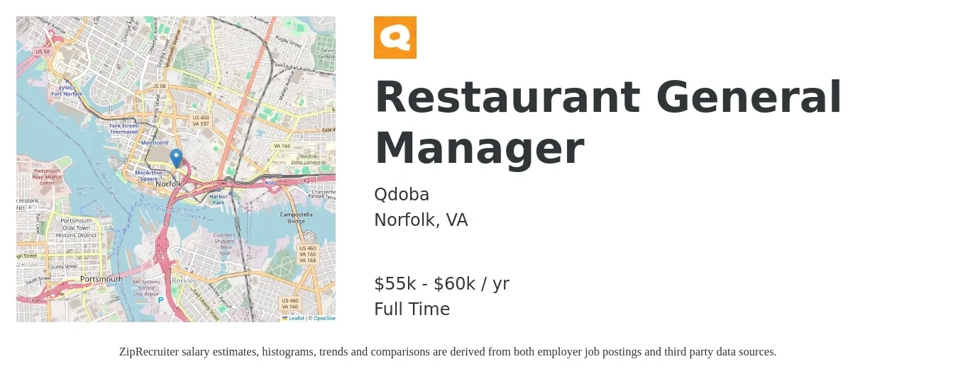 Qdoba job posting for a Restaurant General Manager in Norfolk, VA with a salary of $55,000 to $60,000 Yearly with a map of Norfolk location.