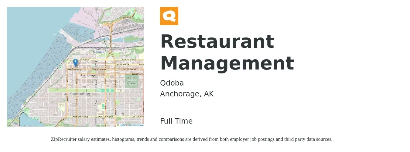 Qdoba job posting for a Restaurant Management in Anchorage, AK with a salary of $40,800 to $65,900 Yearly with a map of Anchorage location.