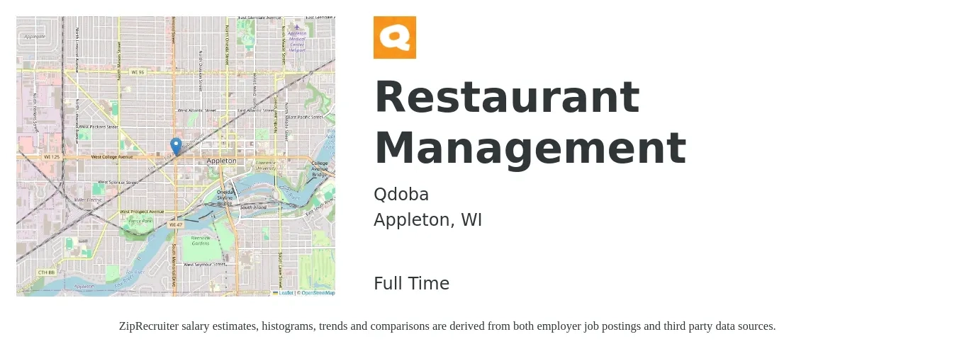Qdoba job posting for a Restaurant Management in Appleton, WI with a salary of $39,000 to $62,900 Yearly with a map of Appleton location.