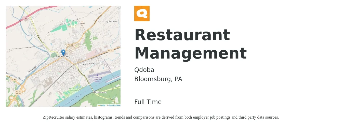 Qdoba job posting for a Restaurant Management in Bloomsburg, PA with a salary of $36,400 to $58,700 Yearly with a map of Bloomsburg location.