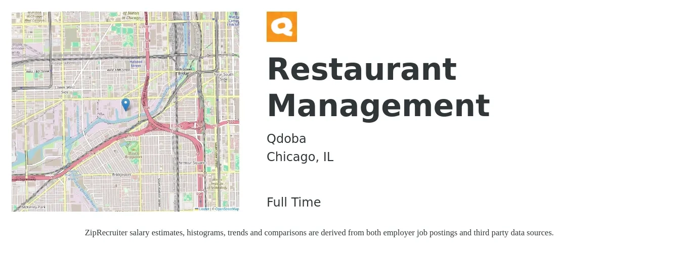 Qdoba job posting for a Restaurant Management in Chicago, IL with a salary of $41,200 to $66,500 Yearly with a map of Chicago location.