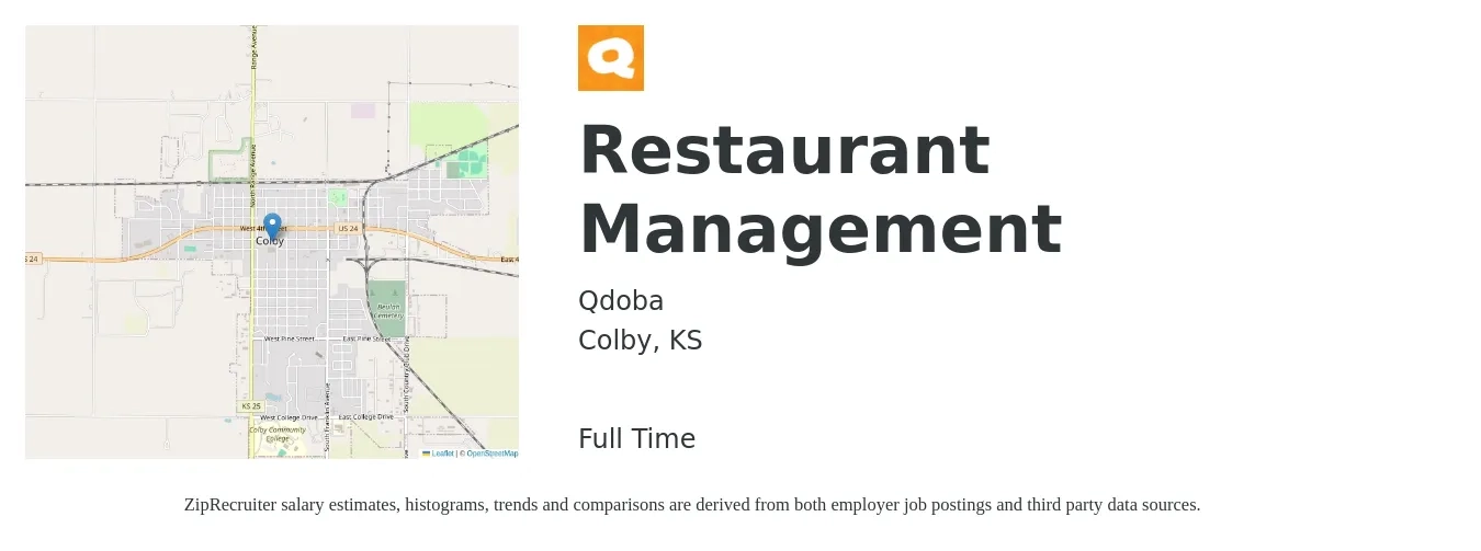 Qdoba job posting for a Restaurant Management in Colby, KS with a salary of $34,700 to $55,900 Yearly with a map of Colby location.
