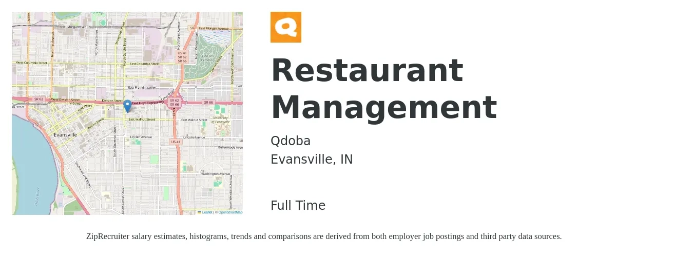 Qdoba job posting for a Restaurant Management in Evansville, IN with a salary of $34,800 to $56,100 Yearly with a map of Evansville location.