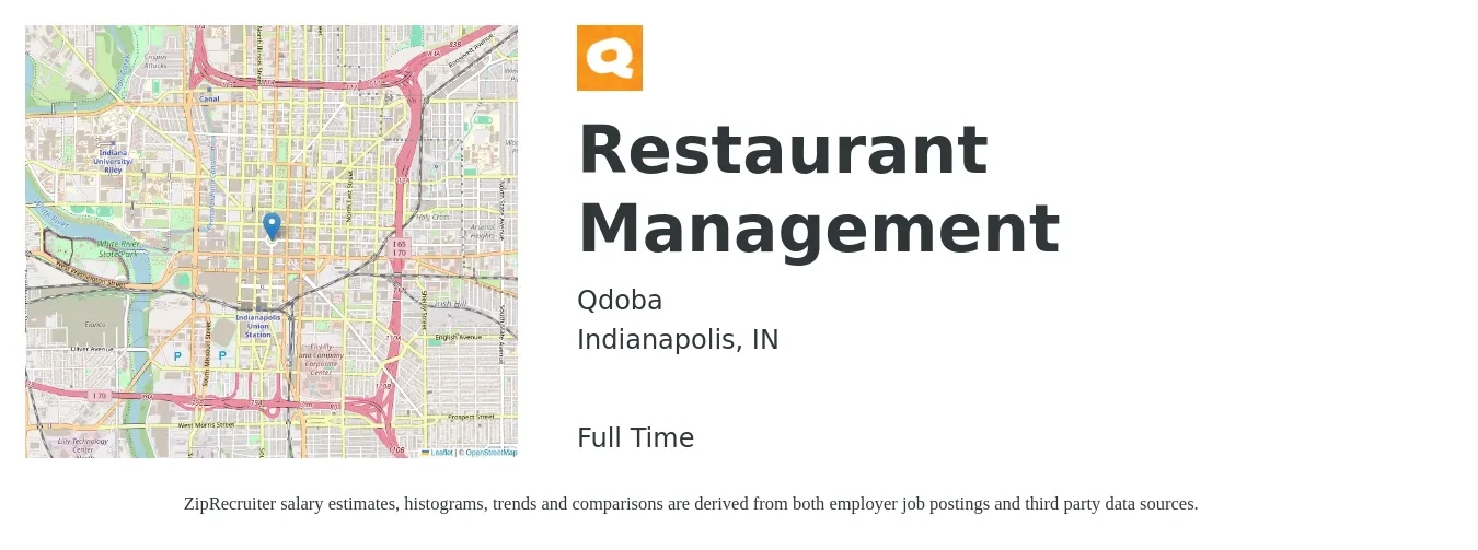 Qdoba job posting for a Restaurant Management in Indianapolis, IN with a salary of $38,200 to $61,700 Yearly with a map of Indianapolis location.
