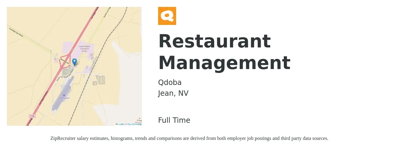 Qdoba job posting for a Restaurant Management in Jean, NV with a salary of $37,700 to $60,800 Yearly with a map of Jean location.