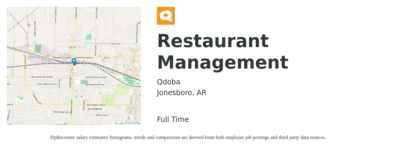 Qdoba job posting for a Restaurant Management in Jonesboro, AR with a salary of $34,200 to $55,200 Yearly with a map of Jonesboro location.