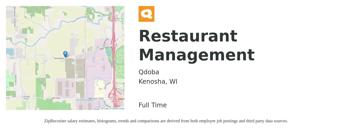 Qdoba job posting for a Restaurant Management in Kenosha, WI with a salary of $38,800 to $62,500 Yearly with a map of Kenosha location.