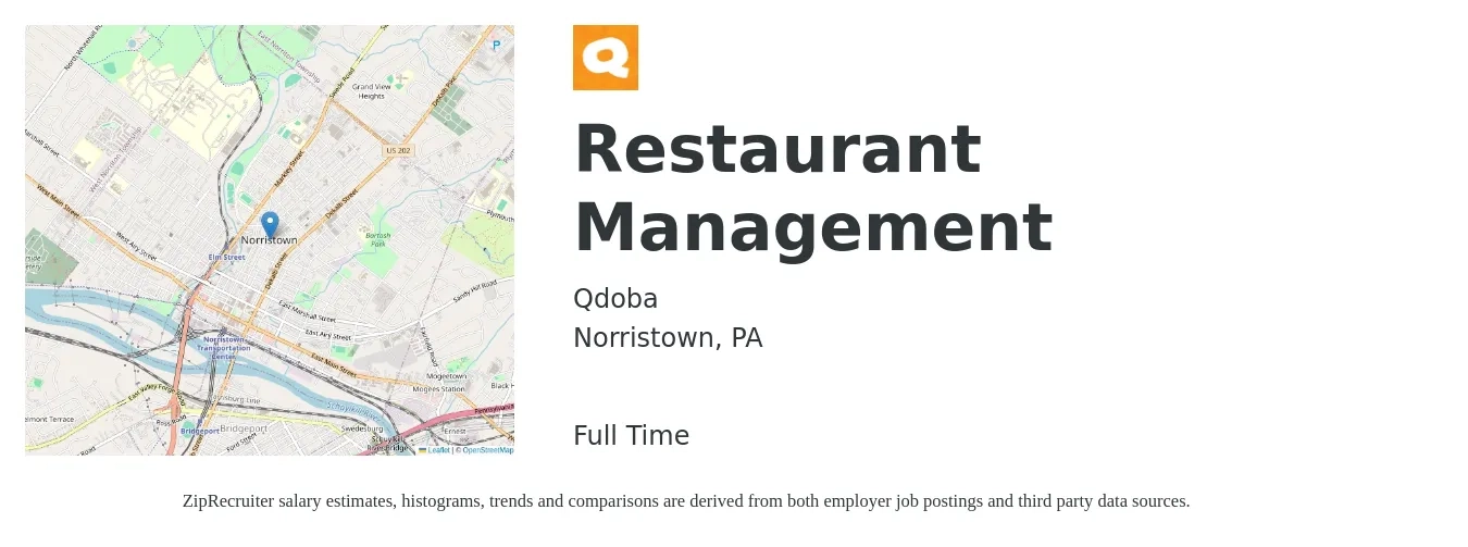 Qdoba job posting for a Restaurant Management in Norristown, PA with a salary of $38,200 to $61,500 Yearly with a map of Norristown location.