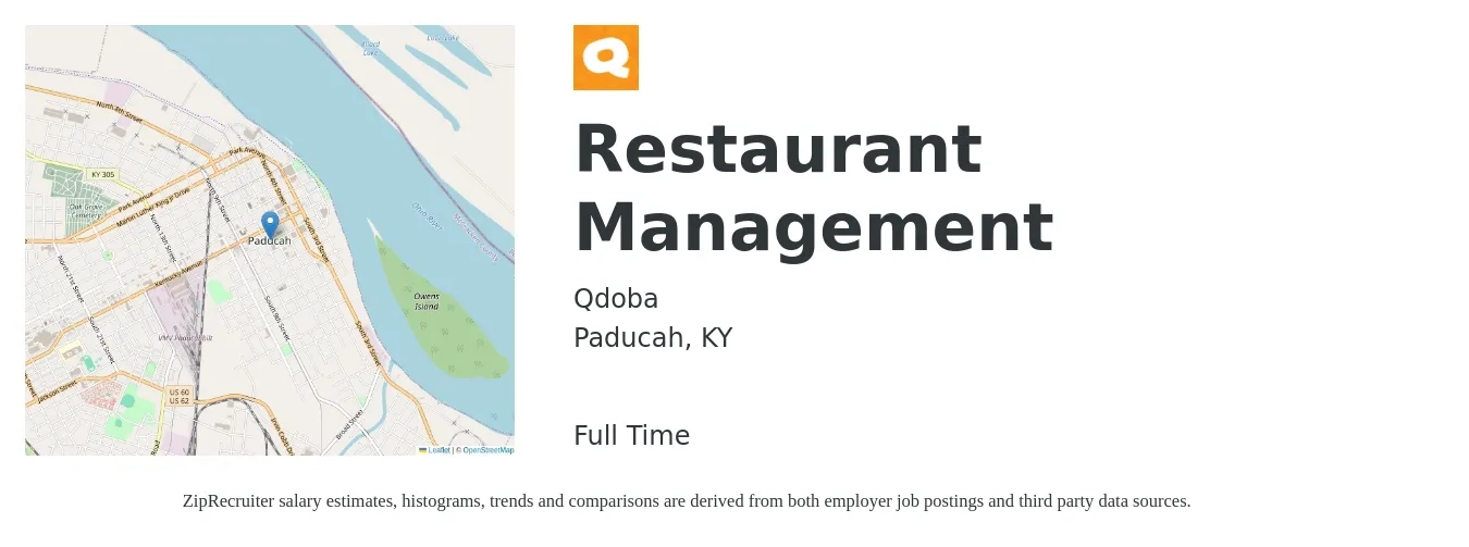 Qdoba job posting for a Restaurant Management in Paducah, KY with a salary of $39,200 to $63,300 Yearly with a map of Paducah location.