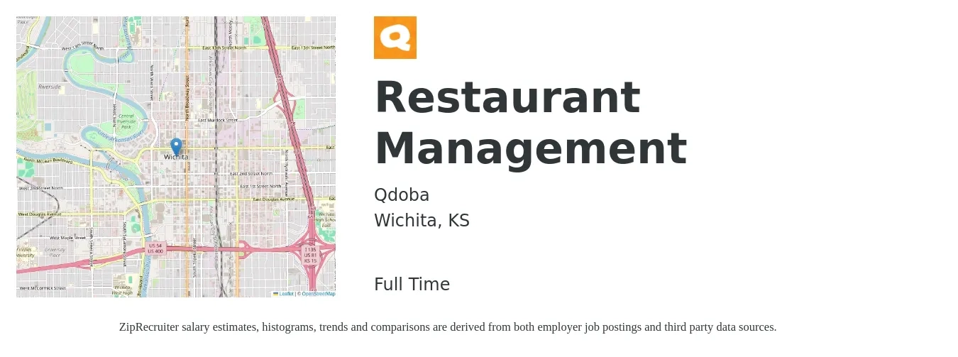 Qdoba job posting for a Restaurant Management in Wichita, KS with a salary of $35,800 to $57,800 Yearly with a map of Wichita location.