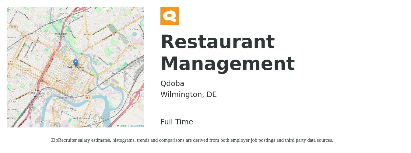 Qdoba job posting for a Restaurant Management in Wilmington, DE with a salary of $38,800 to $62,600 Yearly with a map of Wilmington location.
