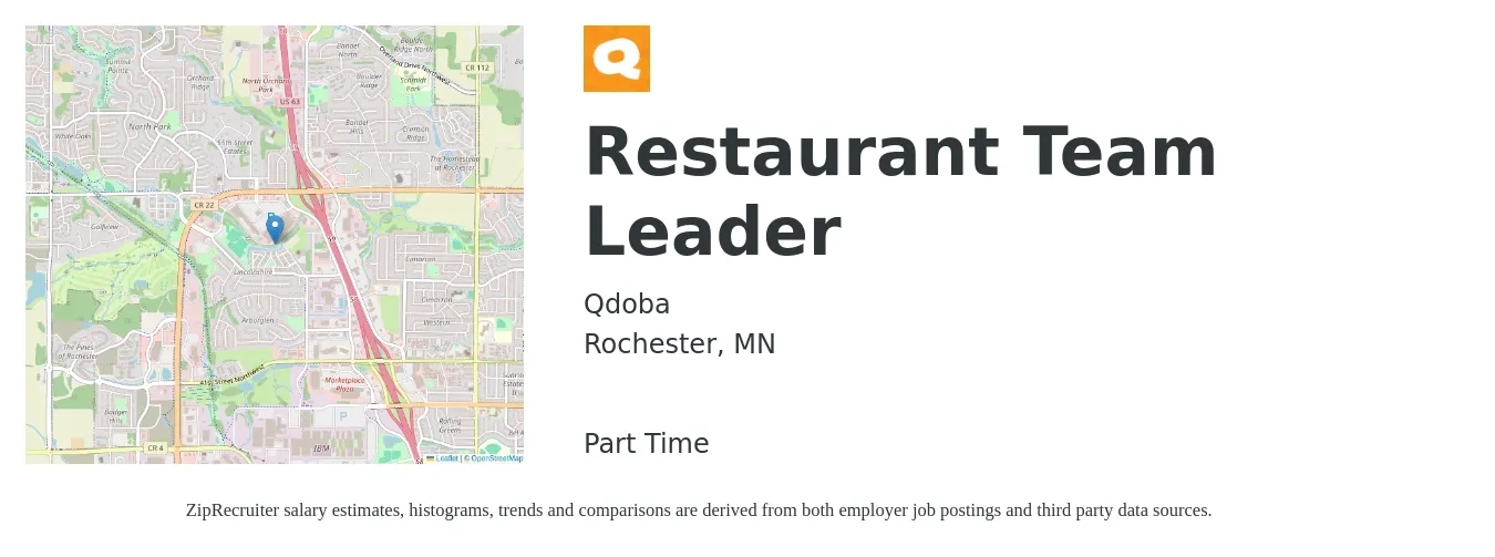 Qdoba job posting for a Restaurant Team Leader in Rochester, MN with a salary of $13 to $16 Hourly with a map of Rochester location.