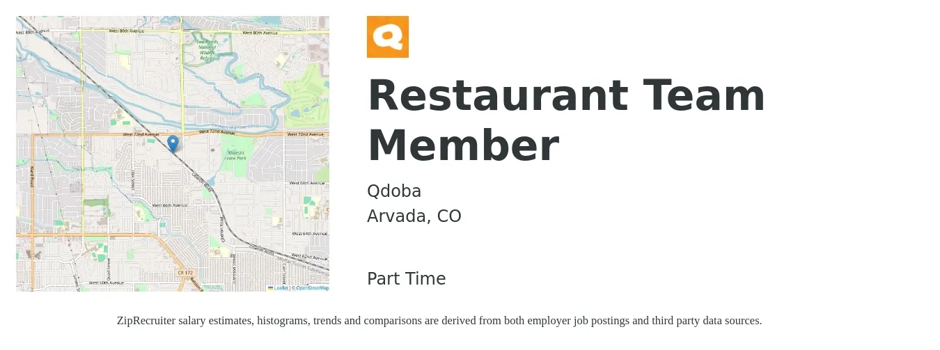 Qdoba job posting for a Restaurant Team Member in Arvada, CO with a salary of $12 to $16 Hourly with a map of Arvada location.