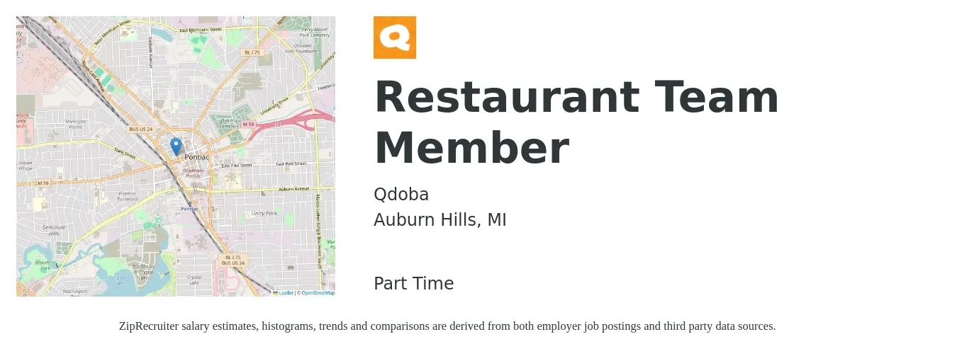 Qdoba job posting for a Restaurant Team Member in Auburn Hills, MI with a salary of $11 to $15 Hourly with a map of Auburn Hills location.
