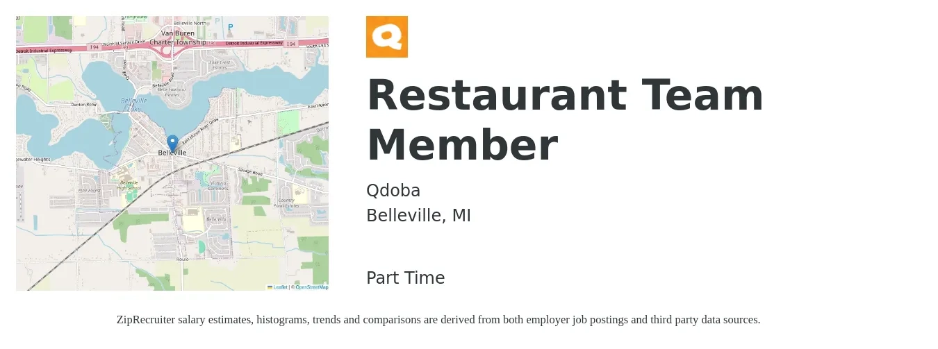Qdoba job posting for a Restaurant Team Member in Belleville, MI with a salary of $11 to $15 Hourly with a map of Belleville location.