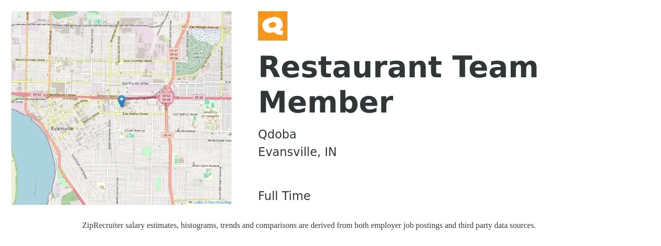 Qdoba job posting for a Restaurant Team Member in Evansville, IN with a salary of $10 to $14 Hourly with a map of Evansville location.