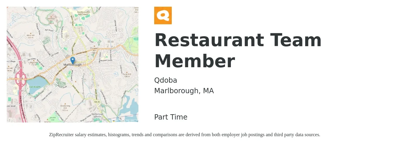 Qdoba job posting for a Restaurant Team Member in Marlborough, MA with a salary of $12 to $16 Hourly with a map of Marlborough location.