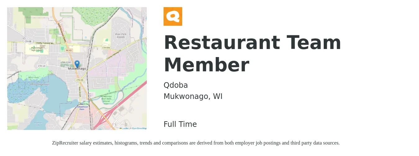 Qdoba job posting for a Restaurant Team Member in Mukwonago, WI with a salary of $12 to $16 Hourly with a map of Mukwonago location.