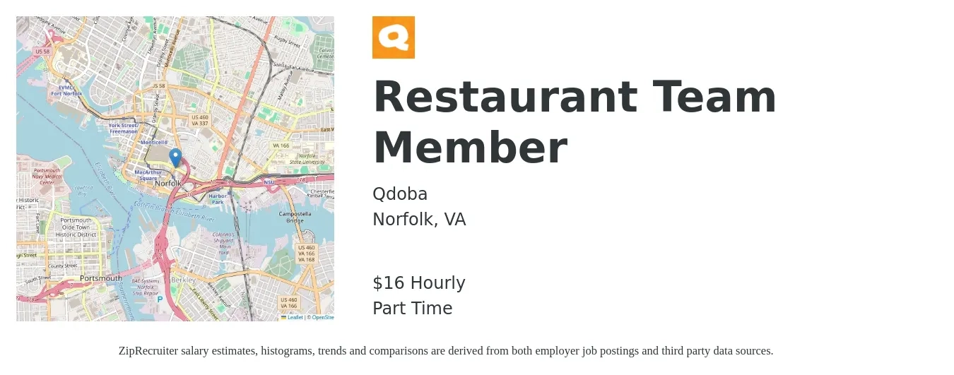 Qdoba job posting for a Restaurant Team Member in Norfolk, VA with a salary of $17 Hourly with a map of Norfolk location.