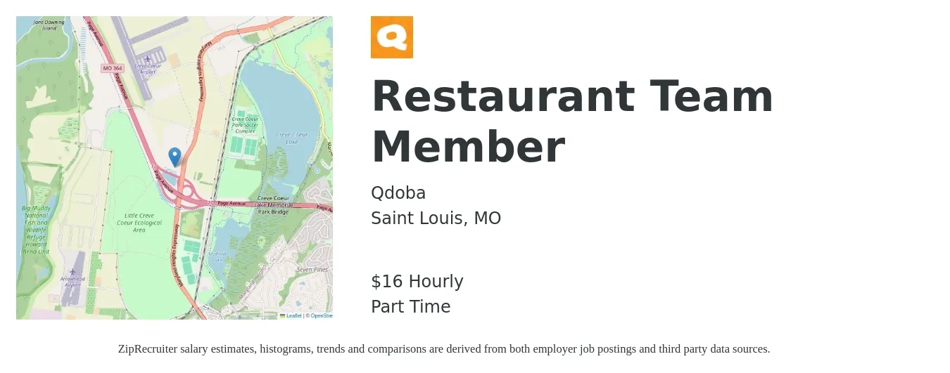 Qdoba job posting for a Restaurant Team Member in Saint Louis, MO with a salary of $17 Hourly with a map of Saint Louis location.