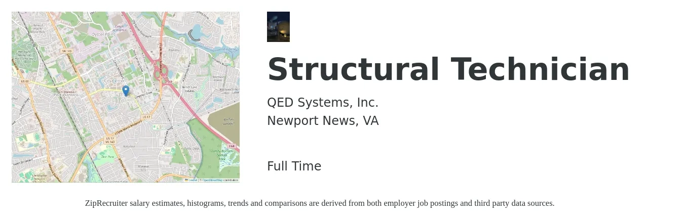QED Systems, Inc. job posting for a Structural Technician in Newport News, VA with a salary of $73,600 to $111,300 Yearly with a map of Newport News location.