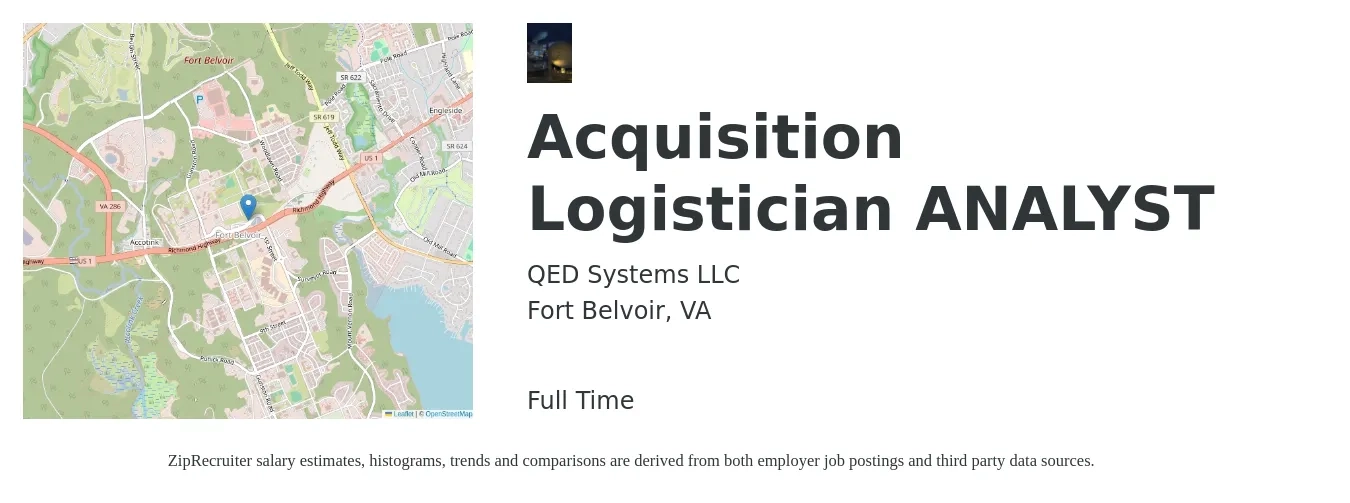 QED Systems LLC job posting for a Acquisition Logistician ANALYST in Fort Belvoir, VA with a salary of $25 to $39 Hourly with a map of Fort Belvoir location.