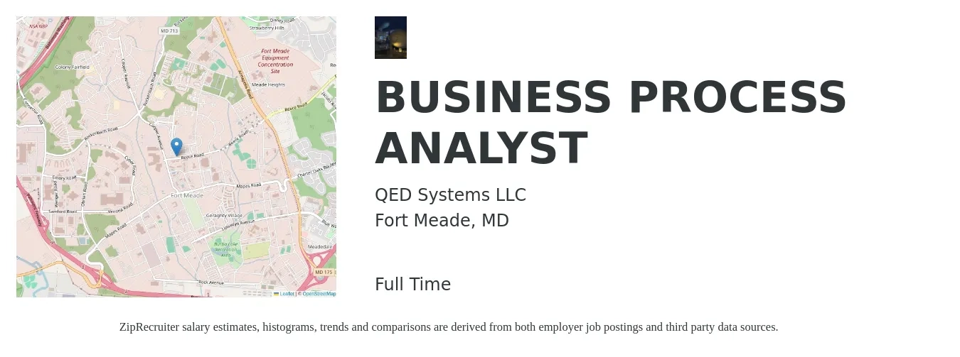 QED Systems LLC job posting for a BUSINESS PROCESS ANALYST in Fort Meade, MD with a salary of $68,000 to $91,300 Yearly with a map of Fort Meade location.
