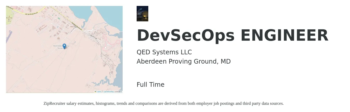 QED Systems LLC job posting for a DevSecOps ENGINEER in Aberdeen Proving Ground, MD with a salary of $153,000 to $169,600 Yearly with a map of Aberdeen Proving Ground location.