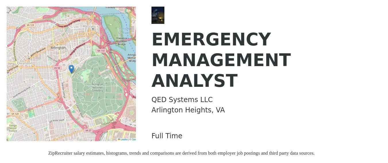 QED Systems LLC job posting for a EMERGENCY MANAGEMENT ANALYST in Arlington Heights, VA with a salary of $70,800 to $93,700 Yearly with a map of Arlington Heights location.