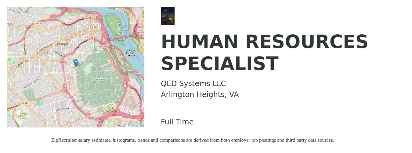 QED Systems LLC job posting for a HUMAN RESOURCES SPECIALIST in Arlington Heights, VA with a salary of $53,700 to $112,500 Yearly with a map of Arlington Heights location.