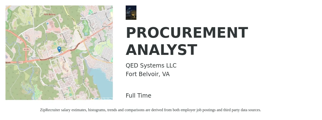QED Systems LLC job posting for a PROCUREMENT ANALYST in Fort Belvoir, VA with a salary of $68,400 to $131,700 Yearly with a map of Fort Belvoir location.