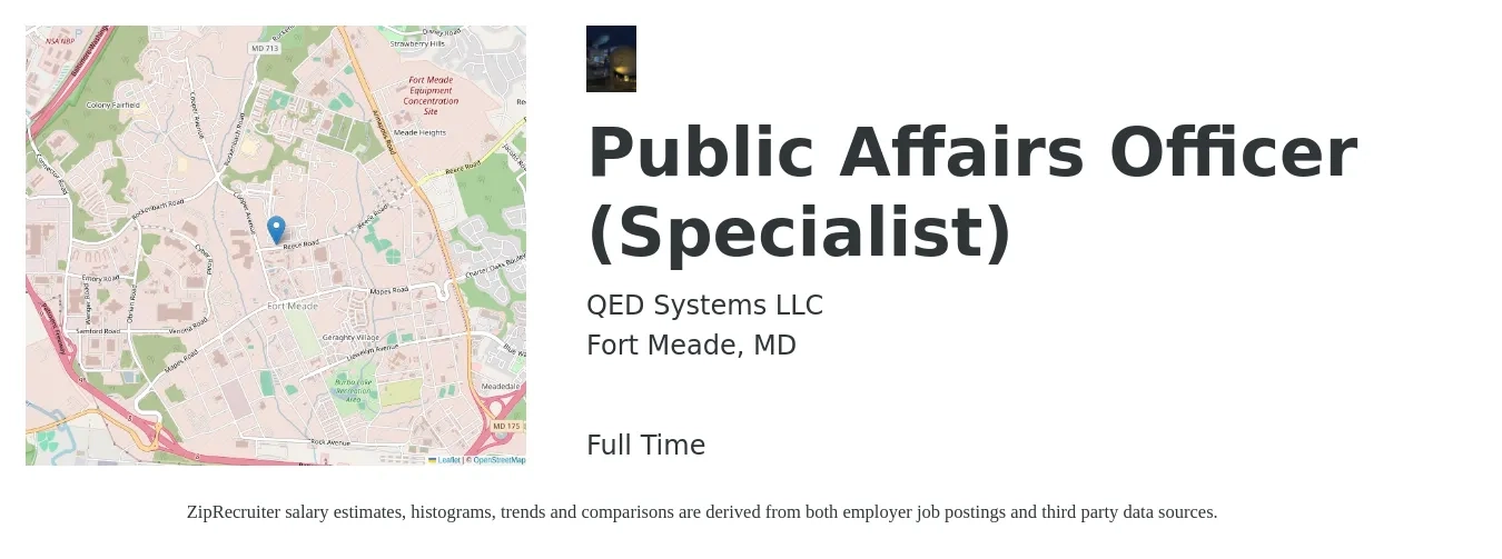QED Systems LLC job posting for a Public Affairs Officer (Specialist) in Fort Meade, MD with a salary of $73,500 to $124,800 Yearly with a map of Fort Meade location.