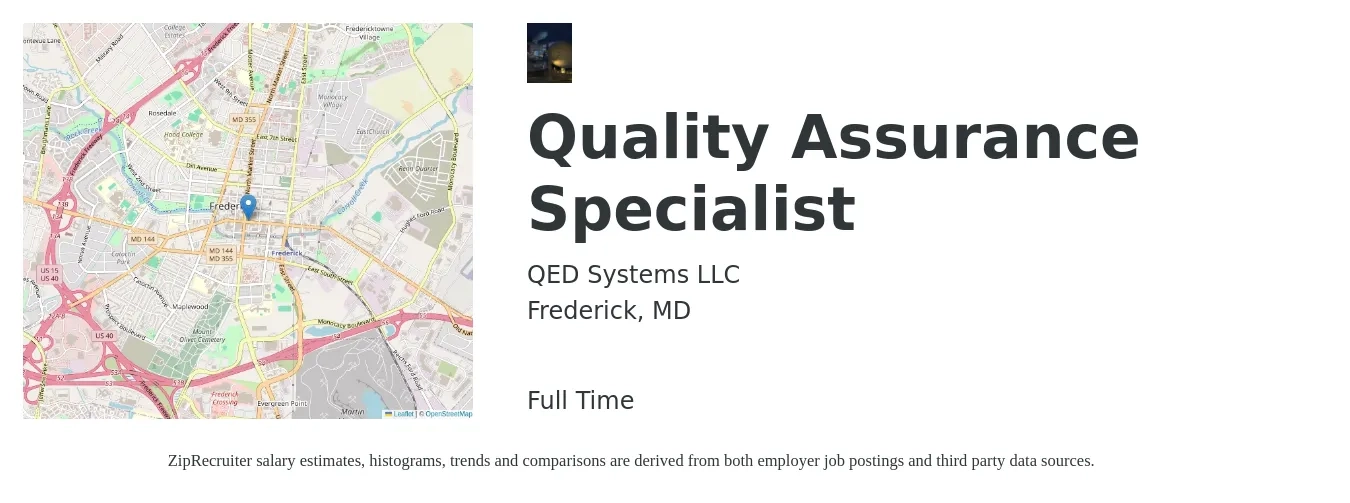 QED Systems LLC job posting for a Quality Assurance Specialist in Frederick, MD with a salary of $56,700 to $84,000 Yearly with a map of Frederick location.