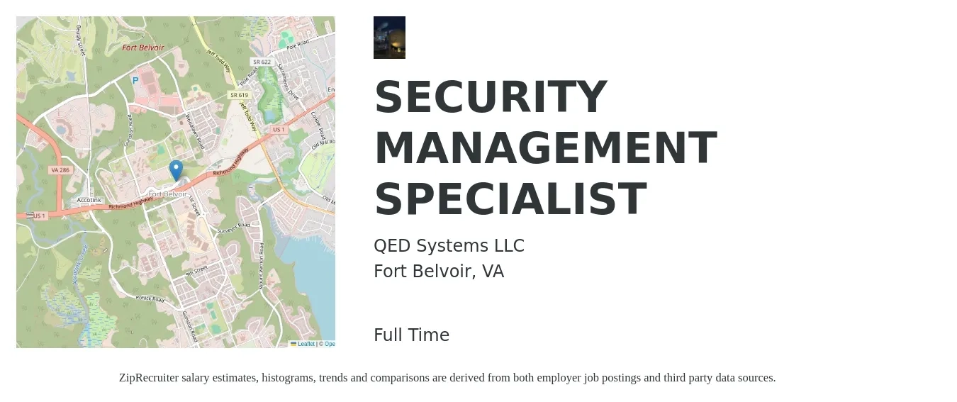 QED Systems LLC job posting for a SECURITY MANAGEMENT SPECIALIST in Fort Belvoir, VA with a salary of $111,400 to $149,300 Yearly with a map of Fort Belvoir location.