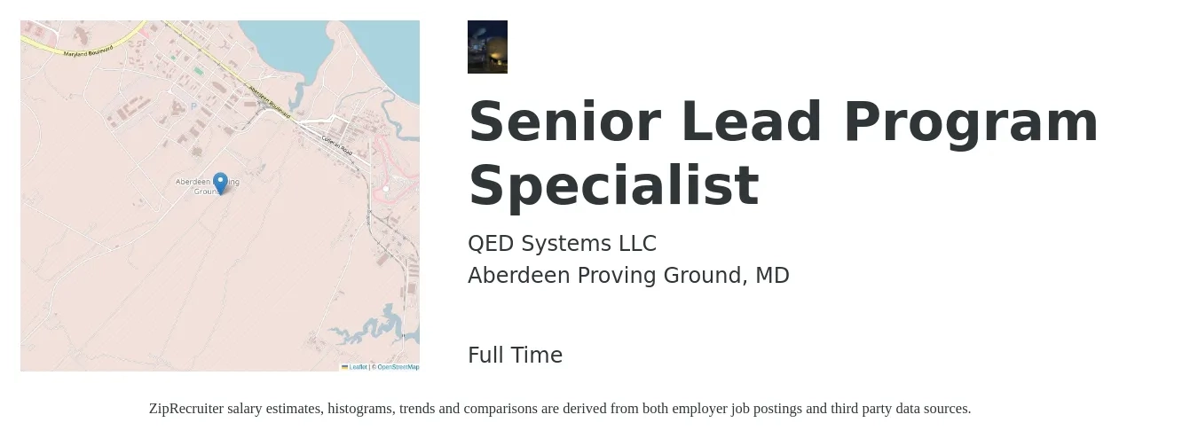 QED Systems LLC job posting for a Senior Lead Program Specialist in Aberdeen Proving Ground, MD with a salary of $124,100 to $124,700 Yearly with a map of Aberdeen Proving Ground location.