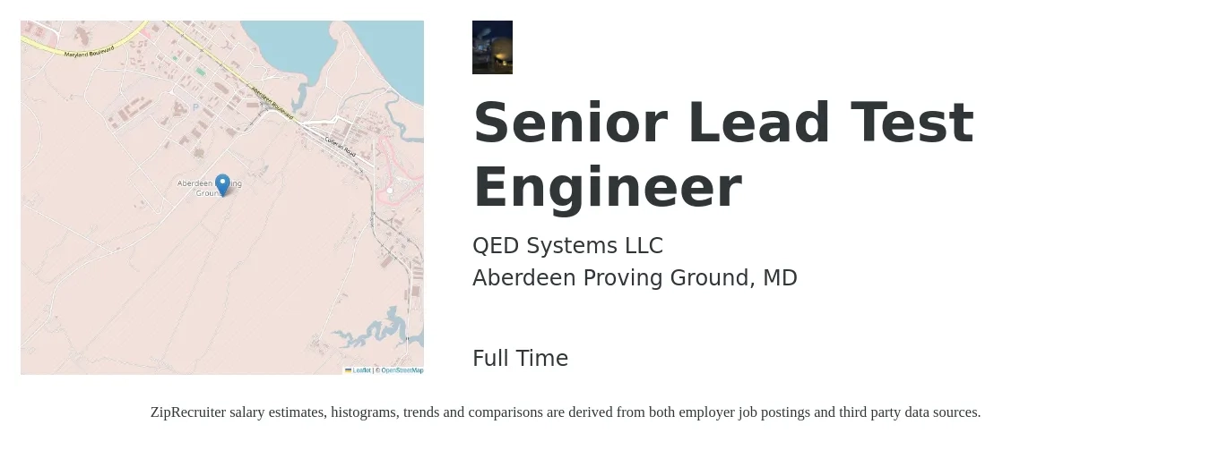 QED Systems LLC job posting for a Senior Lead Test Engineer in Aberdeen Proving Ground, MD with a salary of $104,300 to $146,100 Yearly with a map of Aberdeen Proving Ground location.