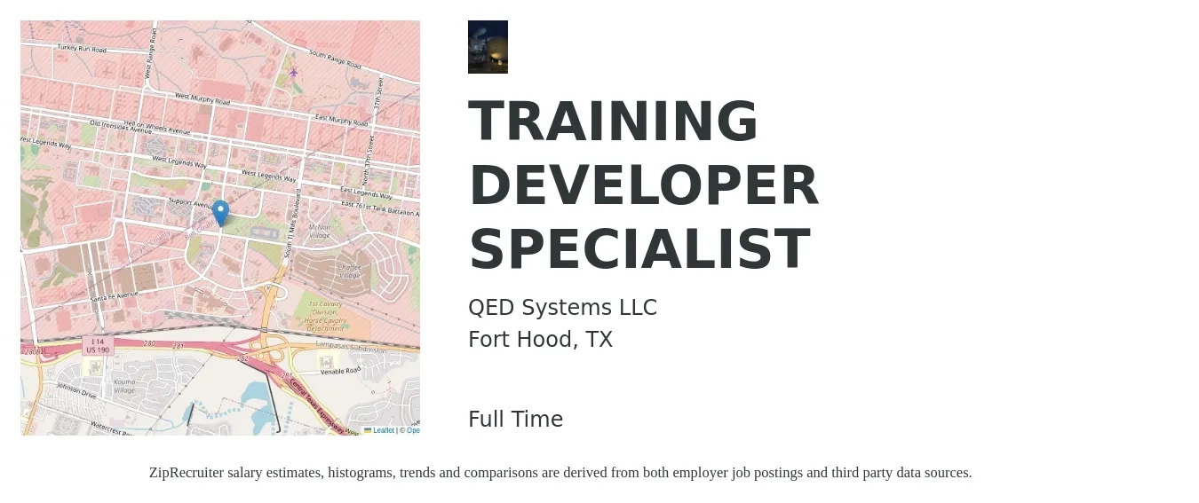 QED Systems LLC job posting for a TRAINING DEVELOPER SPECIALIST in Fort Hood, TX with a salary of $26 to $44 Hourly with a map of Fort Hood location.