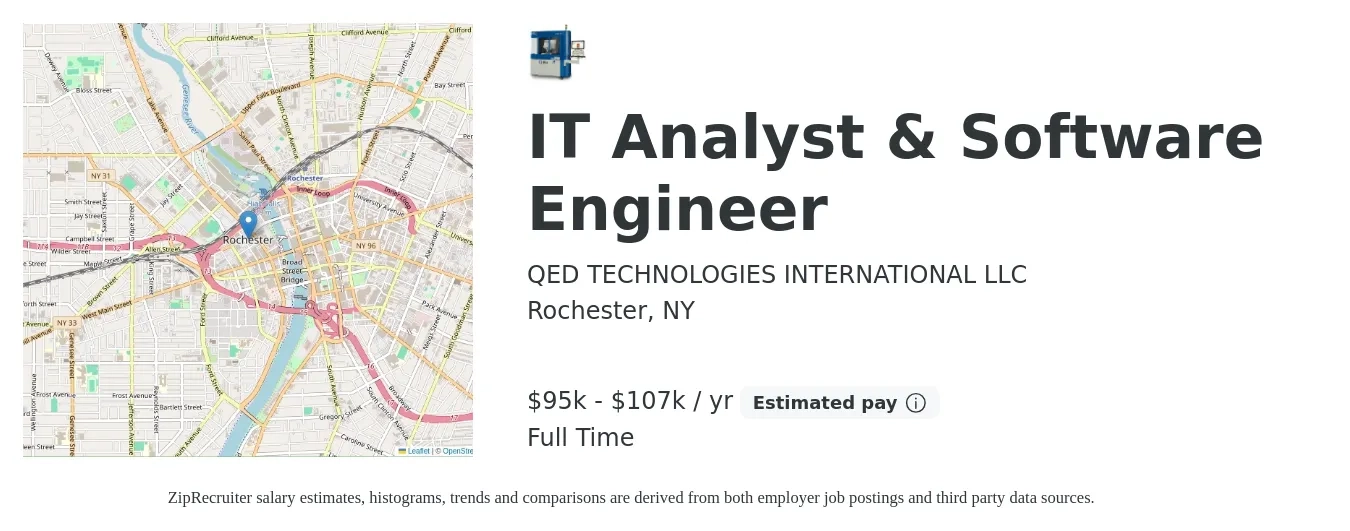 QED TECHNOLOGIES INTERNATIONAL LLC job posting for a IT Analyst & Software Engineer in Rochester, NY with a salary of $95,000 to $107,000 Yearly with a map of Rochester location.