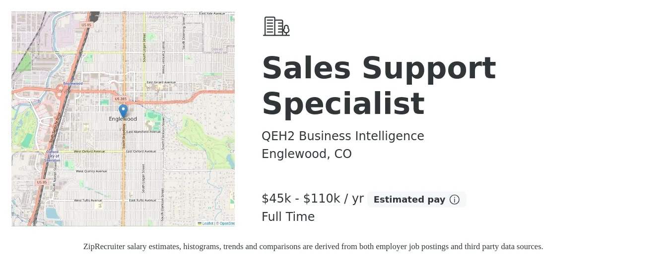 QEH2 Business Intelligence job posting for a Sales Support Specialist in Englewood, CO with a salary of $45,000 to $110,000 Yearly with a map of Englewood location.