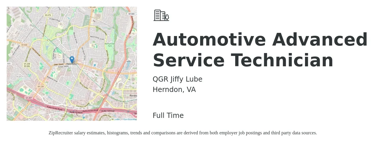 QGR Jiffy Lube job posting for a Automotive Advanced Service Technician in Herndon, VA with a salary of $20 to $32 Hourly with a map of Herndon location.