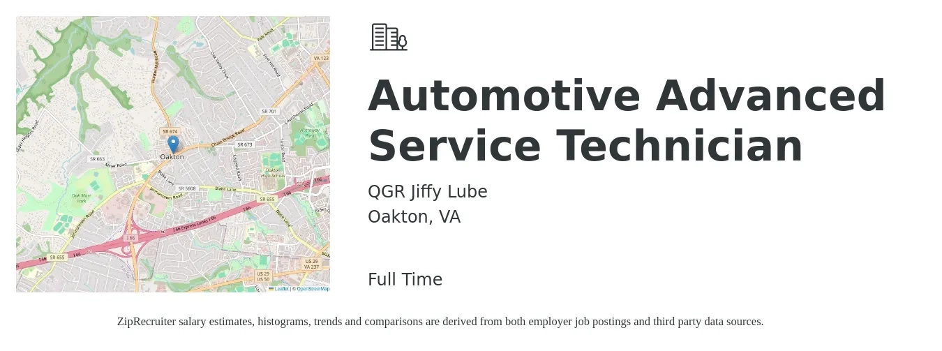 QGR Jiffy Lube job posting for a Automotive Advanced Service Technician in Oakton, VA with a salary of $19 to $32 Hourly with a map of Oakton location.