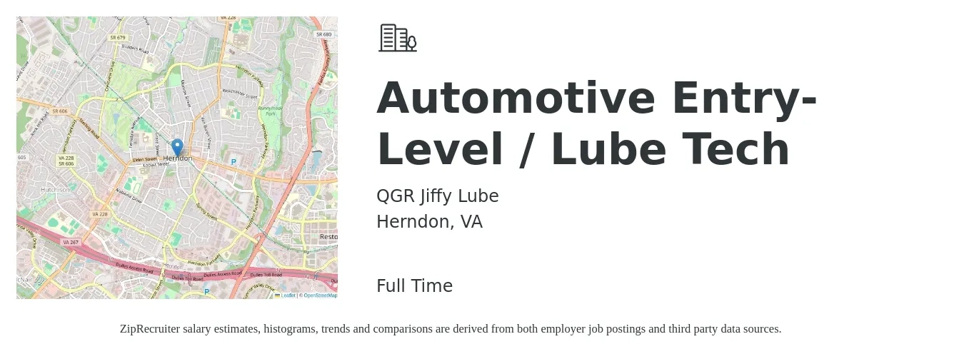 QGR Jiffy Lube job posting for a Automotive Entry-Level / Lube Tech in Herndon, VA with a salary of $16 to $24 Hourly with a map of Herndon location.