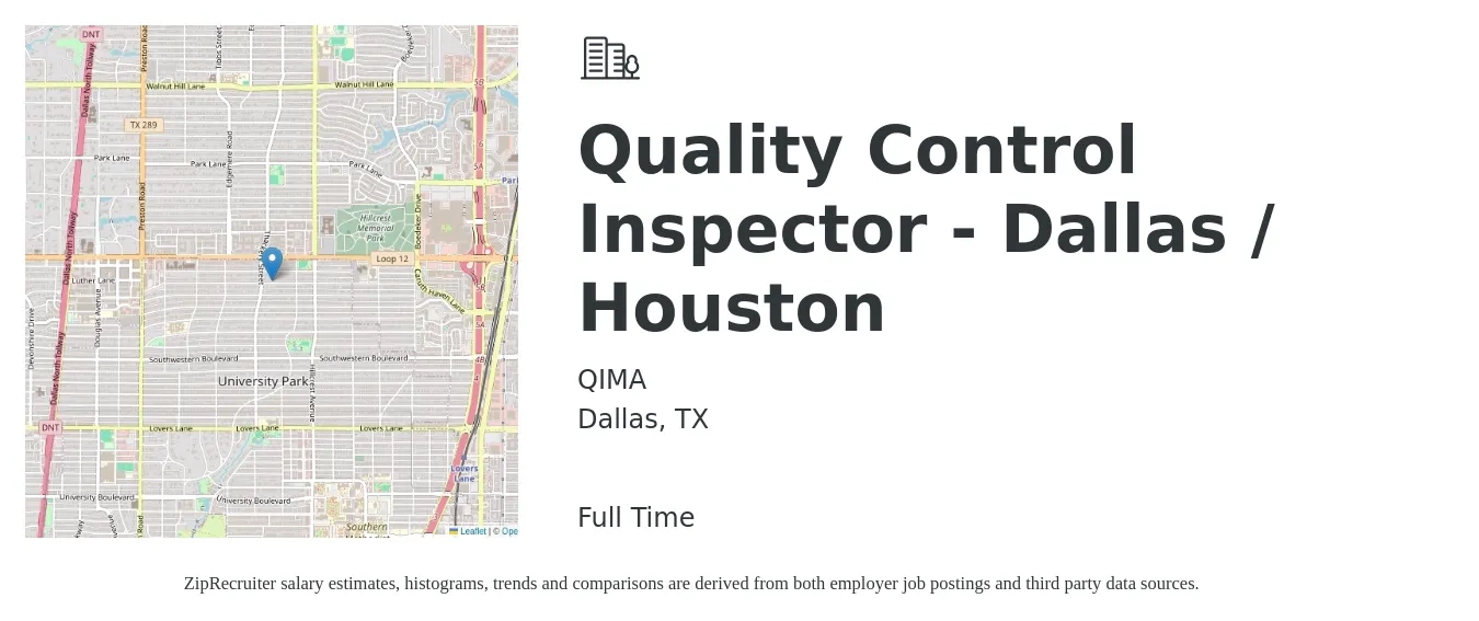 QIMA job posting for a Quality Control Inspector - Dallas / Houston in Dallas, TX with a salary of $18 to $25 Hourly with a map of Dallas location.