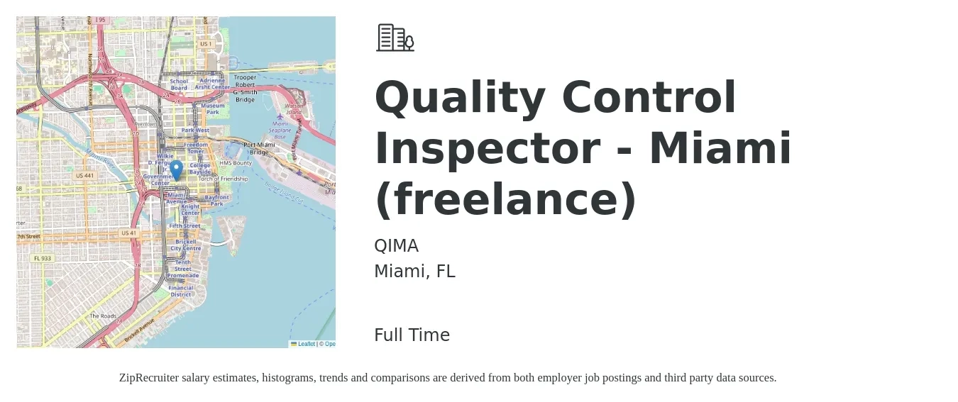 QIMA job posting for a Quality Control Inspector - Miami (freelance) in Miami, FL with a salary of $17 to $24 Hourly with a map of Miami location.