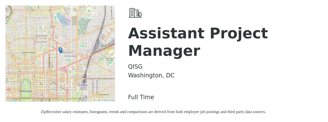 QISG job posting for a Assistant Project Manager in Washington, DC with a salary of $60,400 to $99,300 Yearly with a map of Washington location.