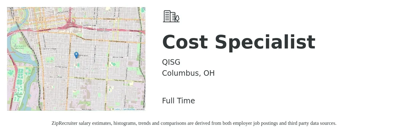 QISG job posting for a Cost Specialist in Columbus, OH with a salary of $22 to $44 Hourly with a map of Columbus location.