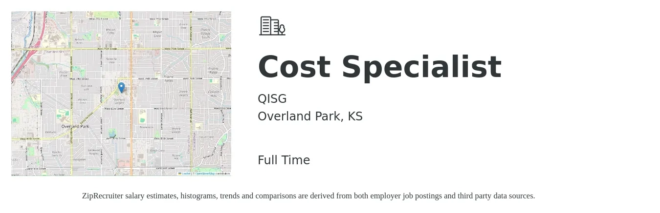 QISG job posting for a Cost Specialist in Overland Park, KS with a salary of $22 to $45 Hourly with a map of Overland Park location.