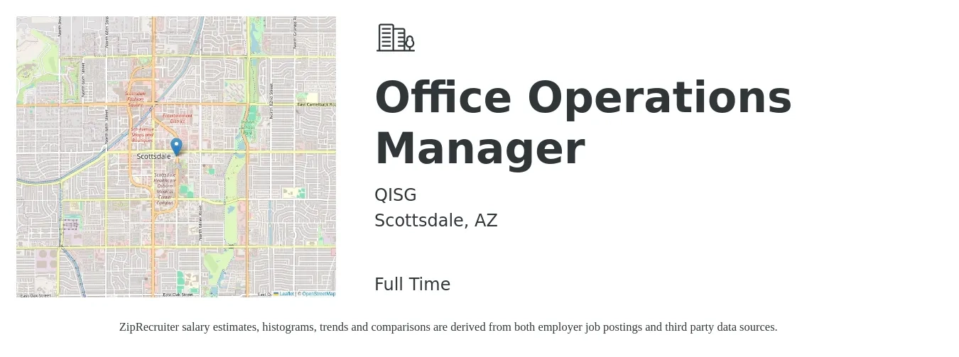 QISG job posting for a Office Operations Manager in Scottsdale, AZ with a salary of $40,400 to $59,600 Yearly with a map of Scottsdale location.