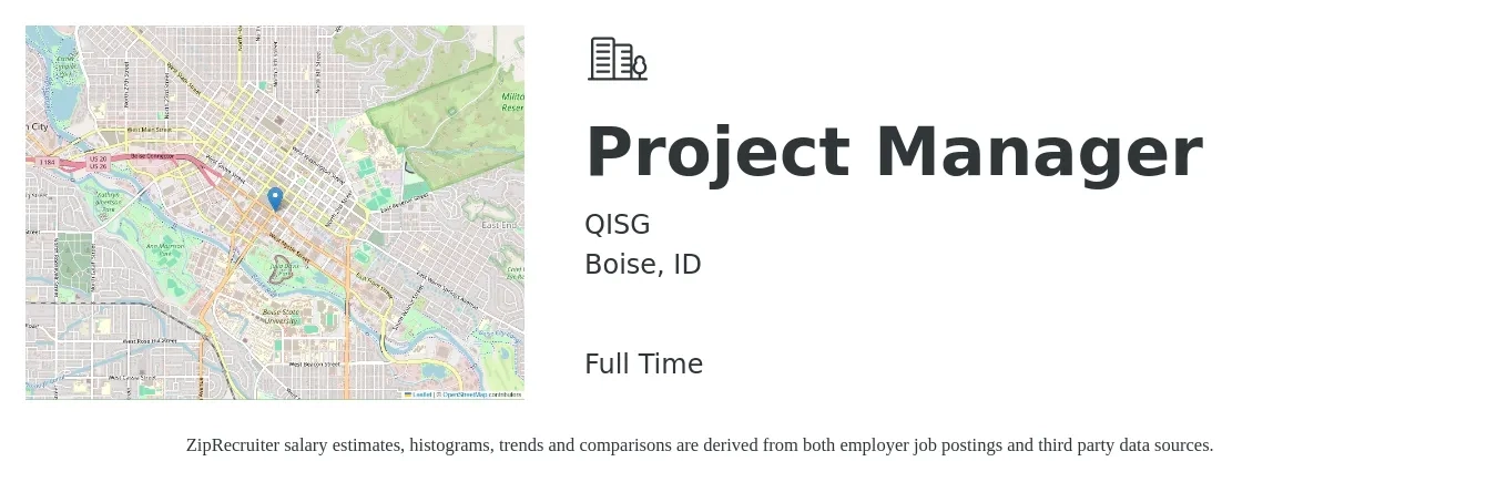 QISG job posting for a Project Manager in Boise, ID with a salary of $67,900 to $106,400 Yearly with a map of Boise location.